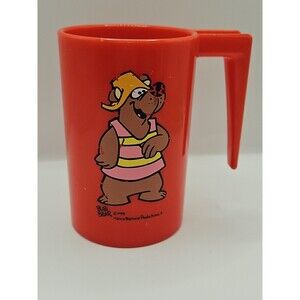 1971 Bubi Bear Red Plastic Cup Mug Handle Hanna Barbera Productions Vtg